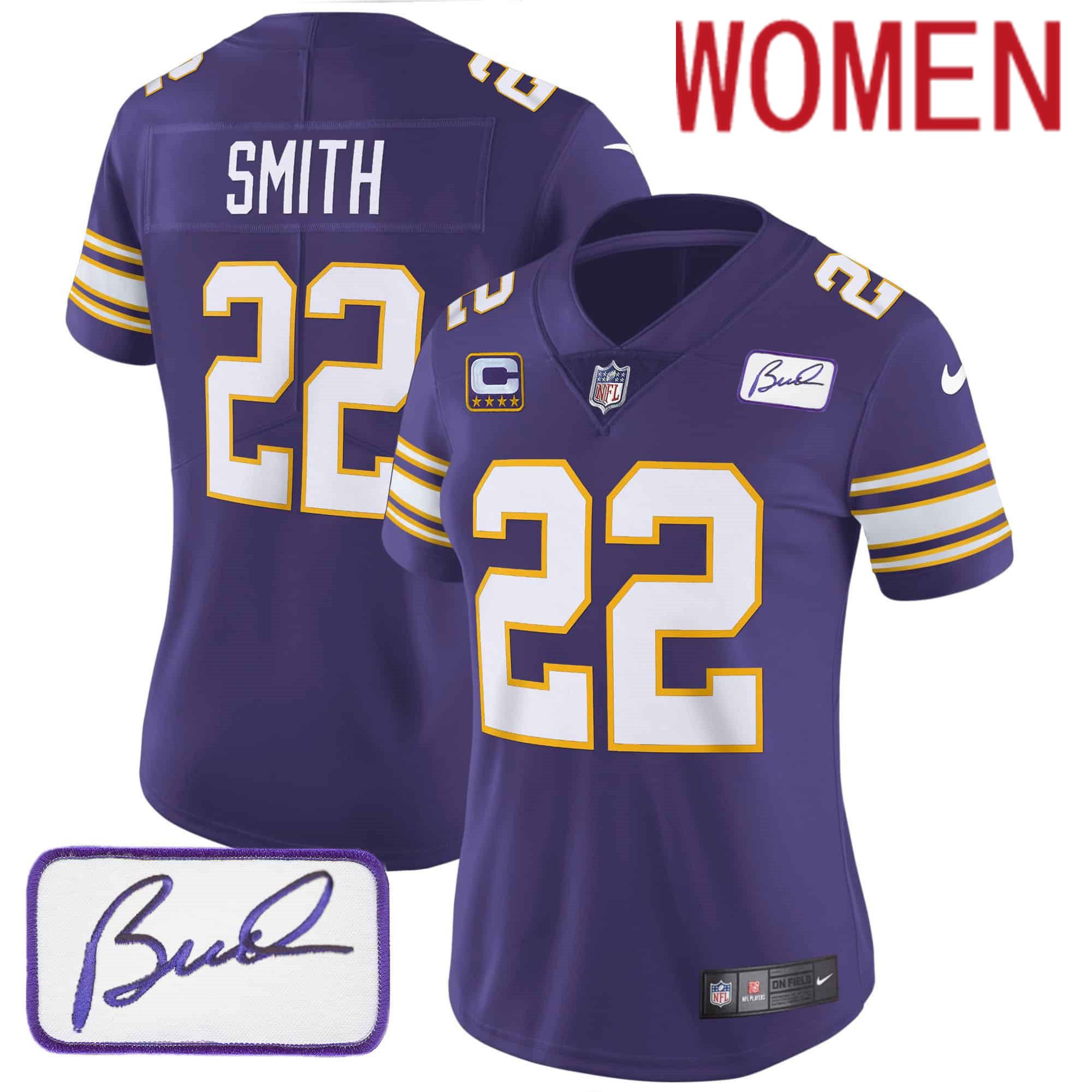 Women Minnesota Vikings #22 Smith Purple 2024 Nike Bud Grant Patch Classic Limited NFL Jersey style 1